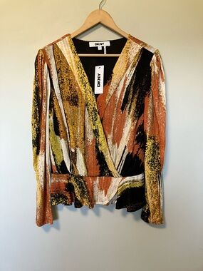 NWT DKNY Abstract Wrap Blouse in Rust, Black, Gold and White